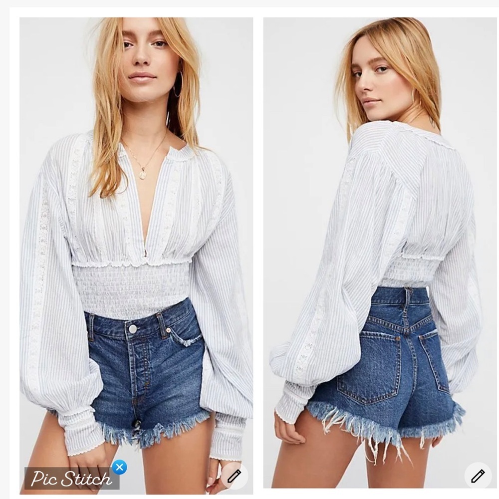 Free People White Blouse with Blue Stripes
